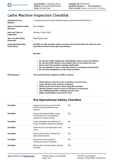 cnc machine inspection checklist|machine inspection checklist template.